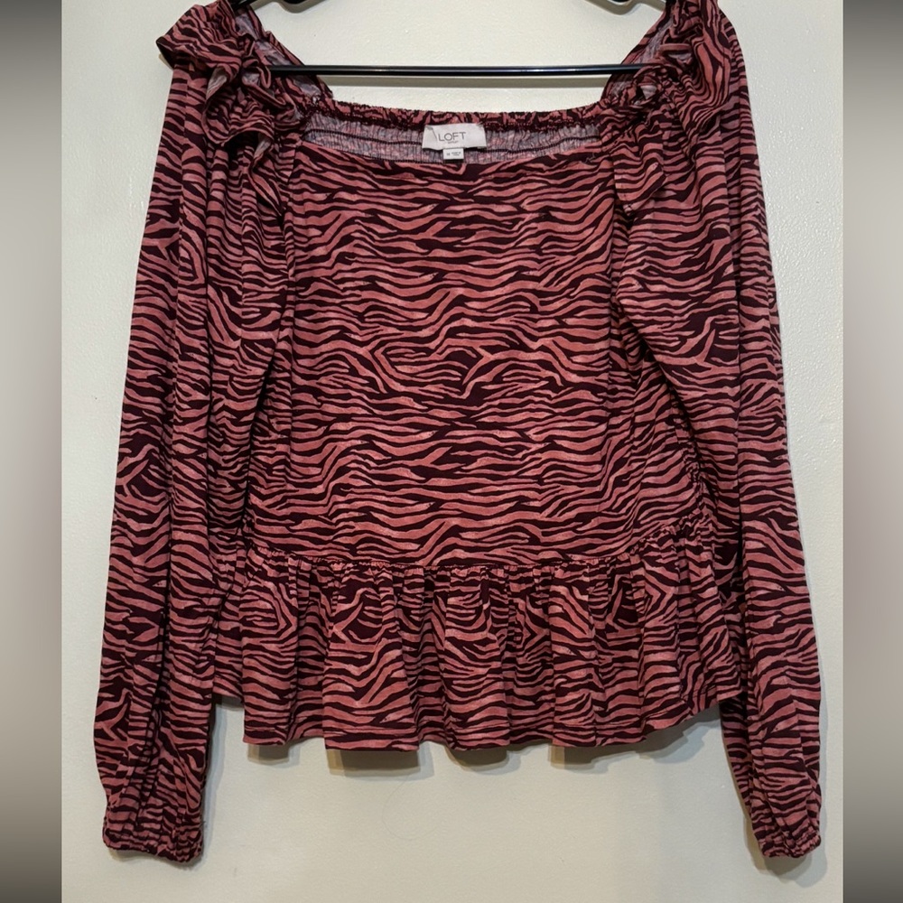 LOFT Black and Pink Women’s Zebra Print Smocked Peplum Top Long Sleeve Size M